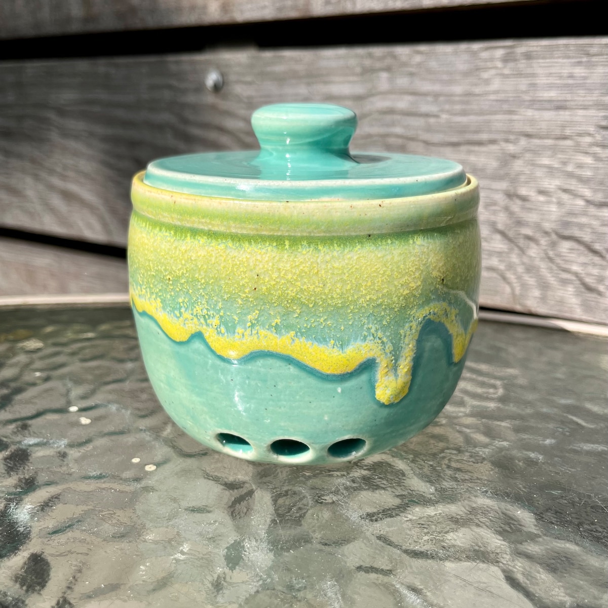 Ceramic Turquoise and Yellow Garlic Keeper - Etsy