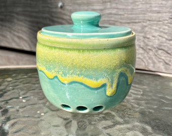 Ceramic Turquoise and Yellow Garlic Keeper