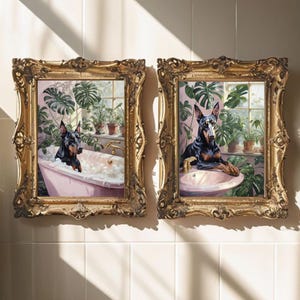 Doberman Bathroom Wall Art Set of 2 - Funny Animal Wall Art - Animal Bathroom Wall Art - Dog Wall Art - Bathroom Wall Art - Doberman Dog Art