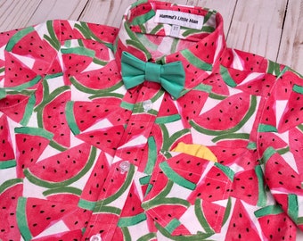 Watermelon Button Down Shirt with Bow Tie and Pocket Square