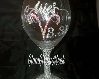 Zodiac/Aries themed customized wine glass with bling