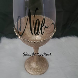 Personalized gold glitter wine glass with bling