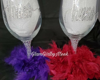 Zodiac/Aries themed customized wine glasses with bling and feathers