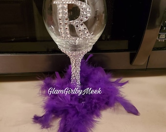 Personalized blinged wine glass with feathers