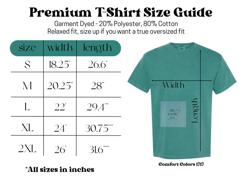 Puede incluir: Una tabla de tallas para camisetas con medidas en pulgadas. La tabla muestra el ancho y la longitud de la camiseta en pulgadas para las tallas S, M, L, XL y 2XL. La tabla est&aacute; etiquetada como "Premium T-Shirt Size Guide" y "Comfort Colors 1717".