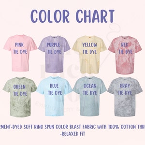 May include: Color chart showing different tie dye colors on t-shirts. The colors are pink, purple, yellow, red, green, blue, ocean, and gray.