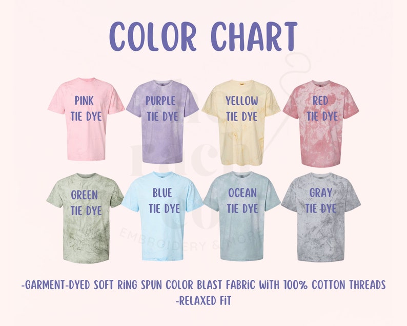 May include: Color chart showing different tie dye colors on t-shirts. The colors are pink, purple, yellow, red, green, blue, ocean, and gray.