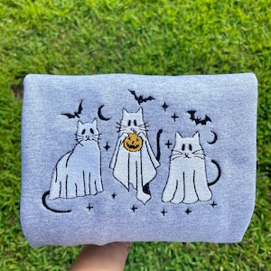 EMBROIDERED HALLOWEEN SWEATSHIRT Cat Mom Sweatshirt Cat Crewneck Halloween Kitties Salem Halloween Crewneck Cat Halloween Sweatshirt Gift