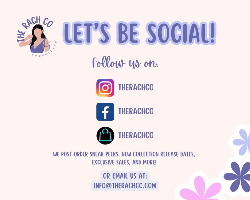 Puede incluir: Un gr&aacute;fico con el texto "LET'S BE SOCIAL!" y el texto "S&iacute;guenos en:" con iconos de redes sociales para Instagram, Facebook y Etsy. El texto "THERACHCO" est&aacute; debajo de cada icono. El texto "WE POST ORDER SNEAK PEEKS, NEW COLLECTION RELEASE DATES, EXCLUSIVE SALES, AND MORE!" est&aacute; debajo de los iconos. El texto "OR EMAIL US AT: INFO@THERACHCO.COM" est&aacute; debajo del texto anterior.