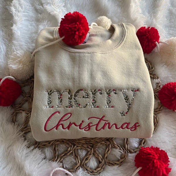 EMBROIDERED Floral Sweatshirt Christmas Sweatshirt Merry Christmas Gift Gifts for Friends Gifts for Secret Santa Christmas Crewneck Cozy