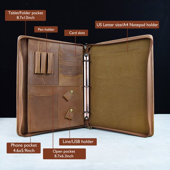 Rustic Leather Organizer Laptop Portfolio with 3-Ring Binder for 15 in