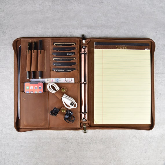 Portfolio Business Leather Padfolio Zippered Notebook Binder Office  Organizer