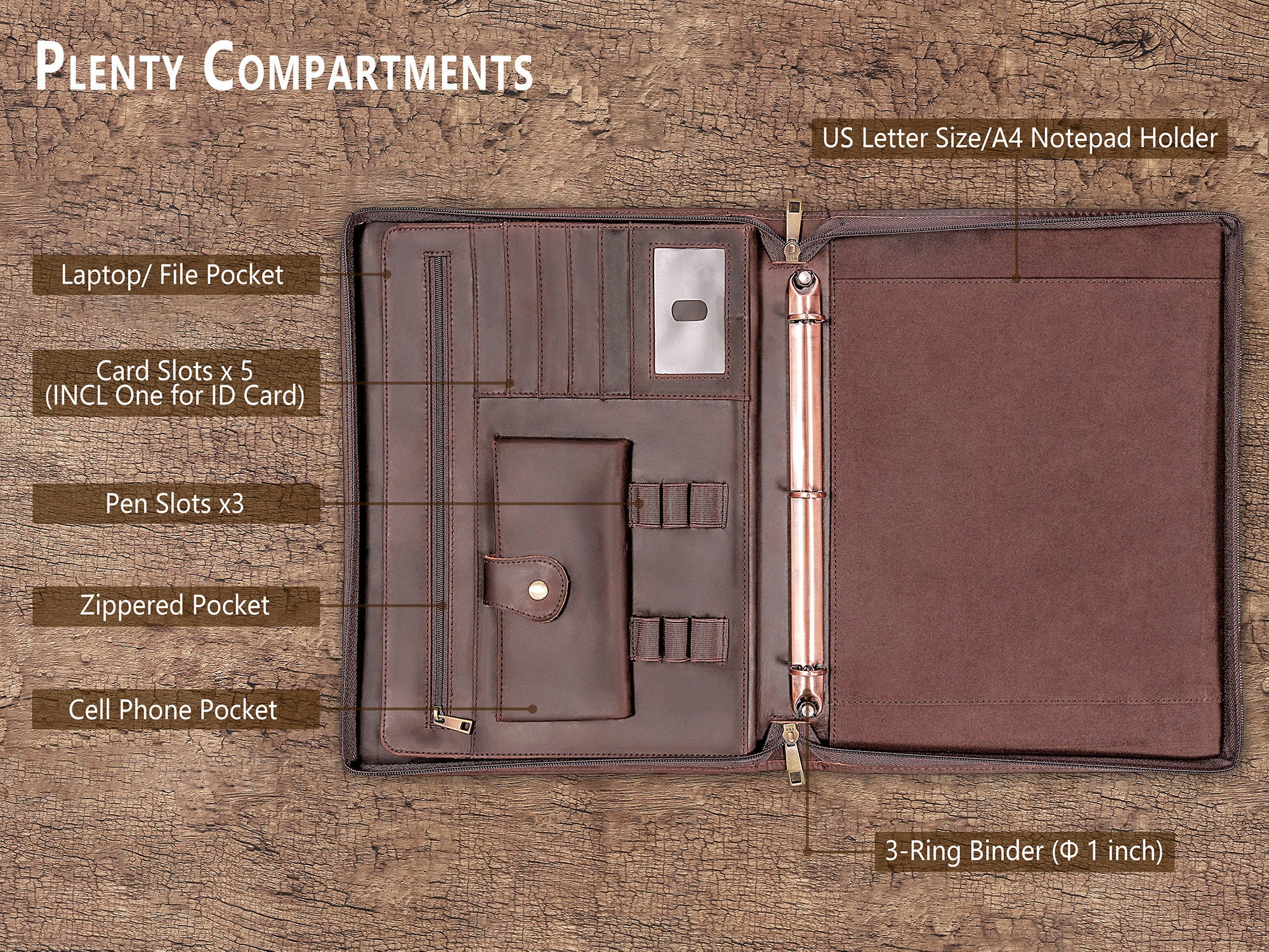 Leather Business Portfolio 3 Ring Binder for Letter Size 3 Hole Refill  Paper / Leather Organizer Folder for 8.5 X 11 Refillable Paper NL05BS 