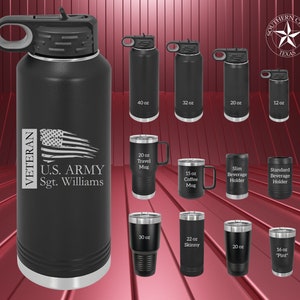 Personalized Custom Water Bottle, Tumbler, Engraved, Military, Veteran, Army, Navy, Marine Corps, Air Force, Coast Guard