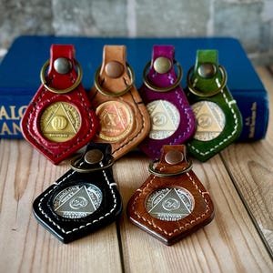 Leather AA Medallion Key Fob: Sobriety Gift, Handmade Keychain