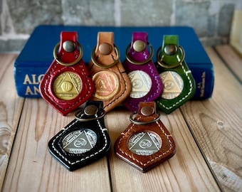 Handmade Leather AA Medallion Holder Keychain | Sobriety Coin Holder | Recovery Chip Key Fob | Full Grain Leather | AA Gift