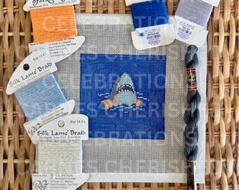 Hai Köder Ooh Ha Ha Nadelspitze Leinwand | 18 Mesh Handbemalte Leinwand | Hai Nadelspitze | Ozean Küsten Design | 4x4 cm