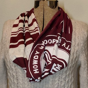 Texas A&M University Upcycled T-Shirts Infinity Scarf in Maroon and White for Game Day to Share Your Aggie Pride Whoop! Gig &#39;Em!