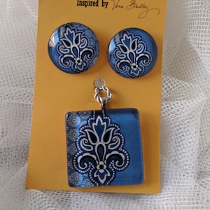 Classic Vera Bradley Blue Fleur de Lis Pattern Pendant and Earring Set. Paper Design Upcycled into Glass Square Pendant with Round Earrings.