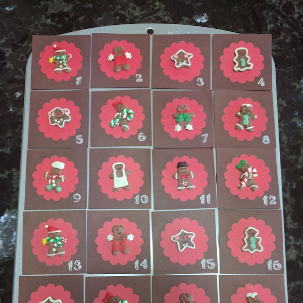 Countdown to Christmas Holiday Advent Calendar Magnetic Covers for Mini Muffin Tin (not included). Clay Gingerbread Cookies. One of a Kind.