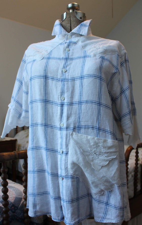 Baby Blue Windowpane Plaid Men's Linen Shirt Upcycled Into Women's Flowing  Tunic. Cool, Comfortable, Unique Festival Top. One of a Kind. - Etsy