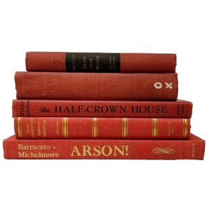 Vintage Red Books Decorative Stack Lot of 5 Old Worn Home Staging Shelf Decor Library Bookshelf Decoration Shabby Hardcover Books Set Bundle