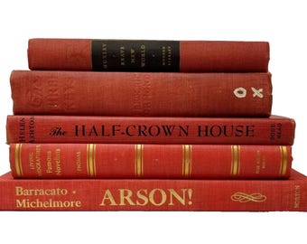 Vintage Red Books Stack Lot of 5 Old Worn Decorative Library Staging Hardcovers Shelf Decor