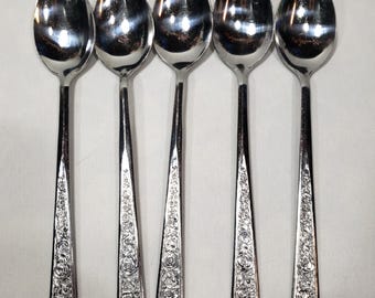 Orleans Set Of 5 Spoons ORL39 Silver Stainless Steel Roses Floral Pattern Flowers Lot
