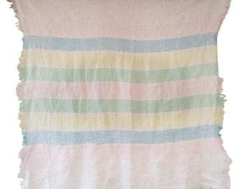 Vintage Acrylic Baby Blanket White Fringe Waffle Weave Pastel Stripes Receiving Blanket