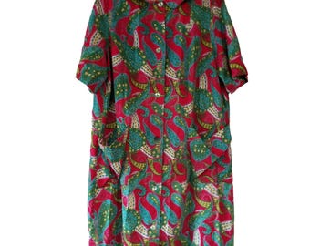 THC Hawaiian Textiles Barkcloth MuuMuu House Coat Dress Robe 13726 Paisley Red Handmade Homemade