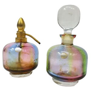 Vintage Perfume Bottles Set Of 2 Rainbow Colored Glass AS IS Colorful 5&quot; Decorative Western Germany Old Vanity Decor Jewel Tones Empty