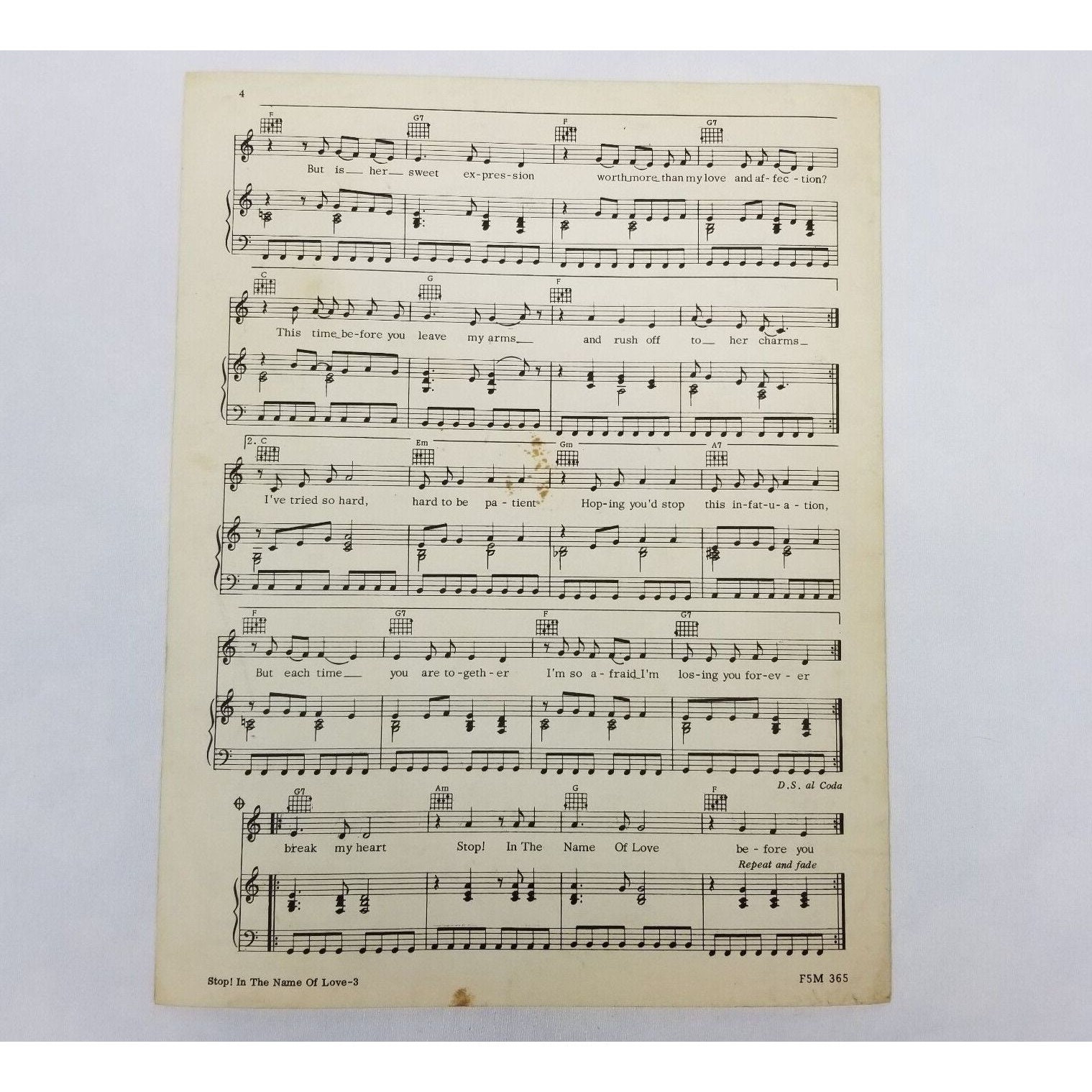 The Supremes Stop in the Name of Love Sheet Music Vintage 1965 Jobete