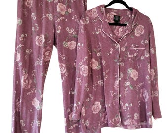 Laura Ashley Pajamas PJ Set Size M Purple Roses Floral Vintage 90s Pants Top Flowers