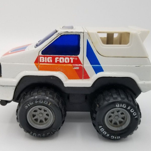 Arco Big Foot Monster Truck White With Stripes 4" Vintage 1980s Toy Car Bigfoot Plastic And Metal Small Vehicle Made In Hong Kong Old USED