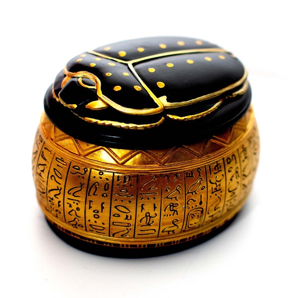 Egyptian Jewelry Box Gold Engraved Hieroglyphs Scarab Beetle Lid Luxury Holder for Necklace Ring Earrings Oriental Ancient Box Vanity Décor.
