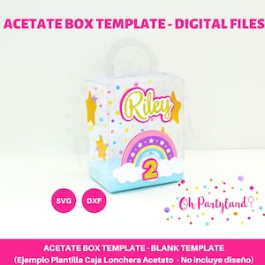 Può includere: Modello di scatola in acetato trasparente con manico, decorato con un arcobaleno, stelle e il nome "Riley". Il numero "2" è presente sulla parte anteriore. La scatola è progettata per file digitali.