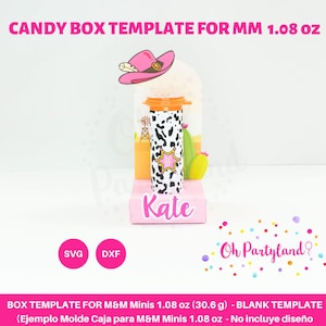 May include: A candy box template for M&M Minis, featuring a cowgirl theme. The box is decorated with a pink cowboy hat, a black and white spotted design, and the name "Kate". The text "CANDY BOX TEMPLATE FOR MM 1.08 oz" is displayed at the top.