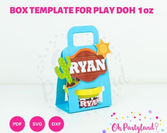 May include: A blue and brown printable box template for a 1 oz container of Play-Doh. The box has a handle and a cutout for the Play-Doh container. The box is decorated with a cactus, a sun, and a sign that says "RYAN". The text "Oh Partyland?" is also visible in the image.