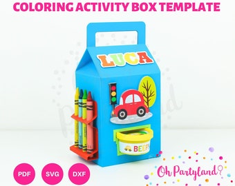 May include: A blue printable box template for a coloring activity box. The box has a handle, a cutout for crayons, and a small compartment for playdoh. The box is decorated with a red car, a traffic light, and a tree. The text "LUCA" and "BEEP!" are on the box.
