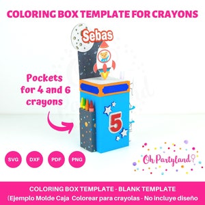 Modello di scatola da colorare - Modello di scatola di attività - Scatola di favore file SVG, DXF, PDF e Png - Modello di scatola di pastelli per Cricut, Cameo Silhouette