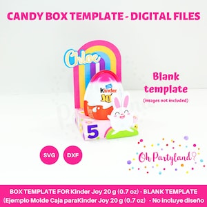 Puede incluir: Plantilla de caja de caramelos para huevos Kinder Joy. El diseño incluye un arco iris, un conejito blanco y el nombre "Chloe". También está presente el texto "Blank template" y "Digital Files". La caja está diseñada para huevos de 20 g.