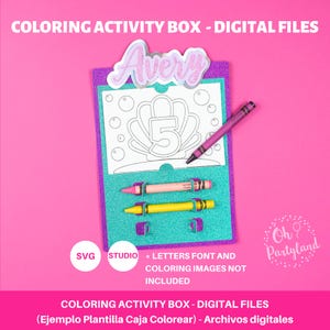 May include: A teal and purple glittery coloring activity box featuring the name Avery in glittery script at the top. The box includes a white coloring sheet with a seashell and the number 5, along with three crayons in purple, pink, and yellow.