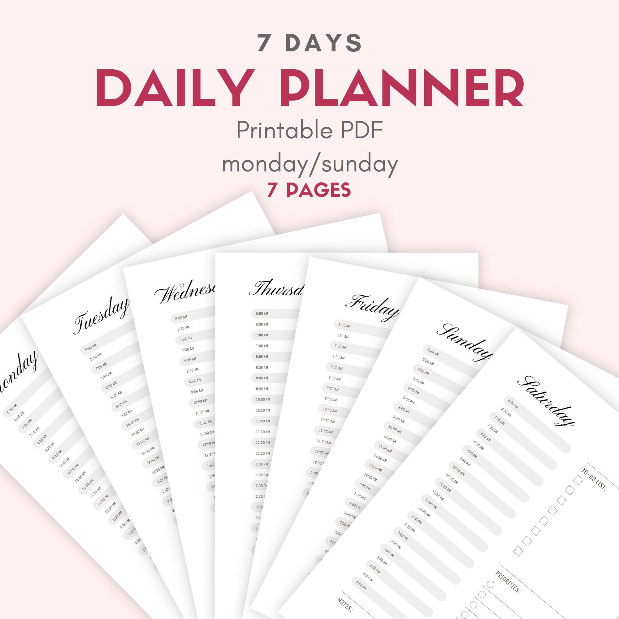 daily planner monday to sunday 7 pages half hour schedule etsy