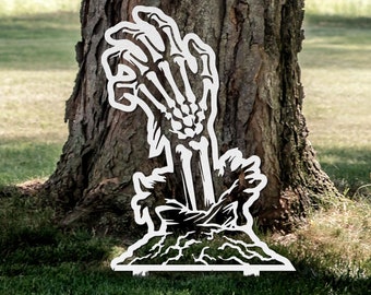 Spooky Skeleton Arm Halloween Yard Stake Metal Sign - Laser Cut Skeleton Hand Lawn Decoration - Outdoor Halloween Decor