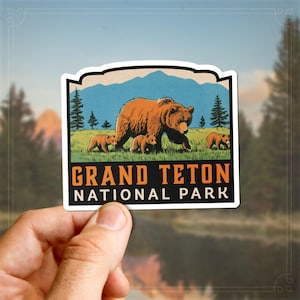 Vintage Grand Teton Decal Retro Travel Sticker Grizzly Bear Wyoming Gift