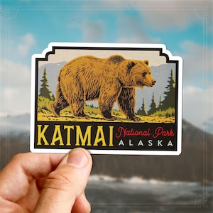 Vintage Katmai Decal Retro Travel Sticker Grizzly Bear Alaska Gift