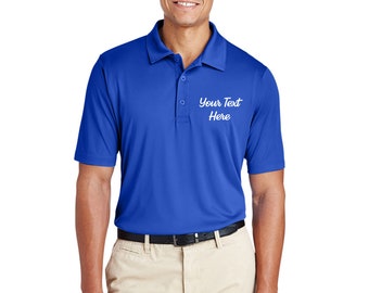 May include: A royal blue polo shirt with short sleeves and a white embroidered design that says "Your Text Here".