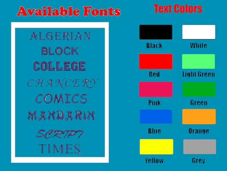 K&ouml;nnte beinhalten: Ein blauer Hintergrund mit einem wei&szlig;en Rahmen, der eine Liste der verf&uuml;gbaren Schriftarten zeigt: Algerian, Block, College, Chancery, Comics, Mandarin, Script, Times. Auf der rechten Seite des Bildes wird eine Liste der Textfarben angezeigt: Schwarz, Wei&szlig;, Rot, Hellgr&uuml;n, Rosa, Gr&uuml;n, Blau, Orange, Gelb und Grau.