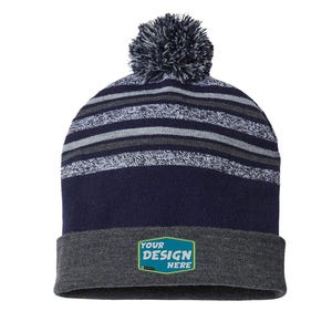 Custom Embroidered Striped Beanie: USA-Made Pom-Pom Knit Cap