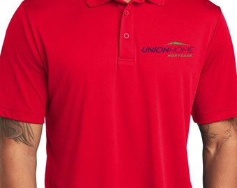 25 polyester polo shirt (3 logos/ print locations: left chest embroidery,  both sleeves printed)